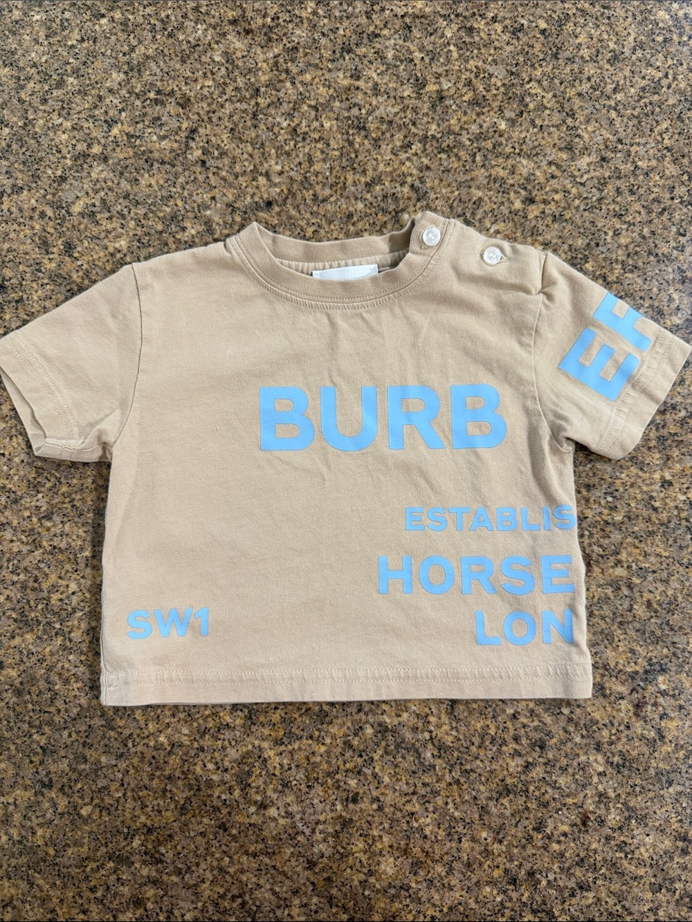 Burberry Beige Tee with Light Blue Logo